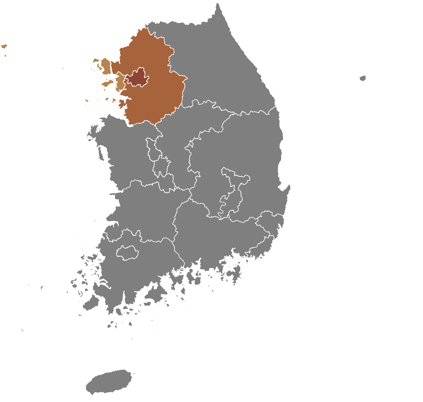 수도권을 표시한 한국지도